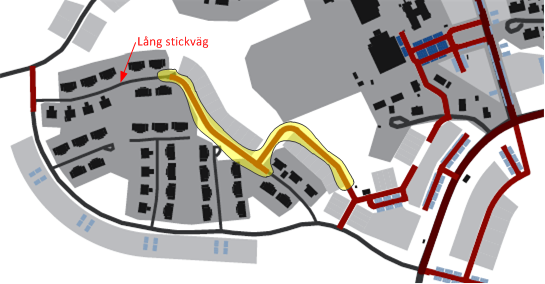 Figur 2, nybyggda vägar i området enligt kommunens förslag markerat med gult. Vägen är delvis ritad på samfällighetens mark.
