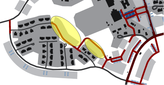 Figur 8, Inom de gula cirklarna föreslås ingen byggnation. Marken föreslås istället allokeras till grönområde.