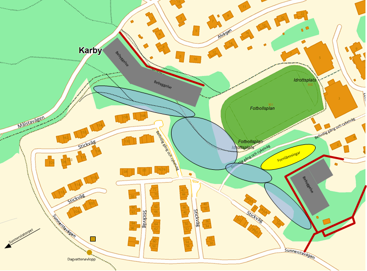 Figur 9, Blått markerar områden som i planen föreslås förbli orörd mark. Observera även att elljusspåret kan samexistera med byggnationen enligt detta förslag.